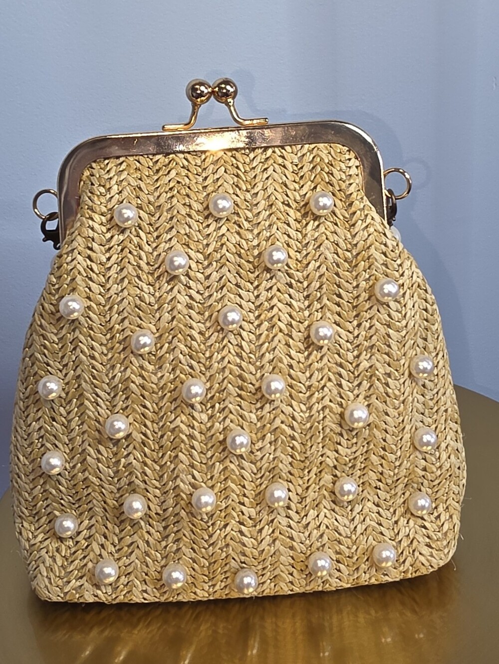 Woven Straw Pearl Kiss-Lock Clutch with Pearl Strap